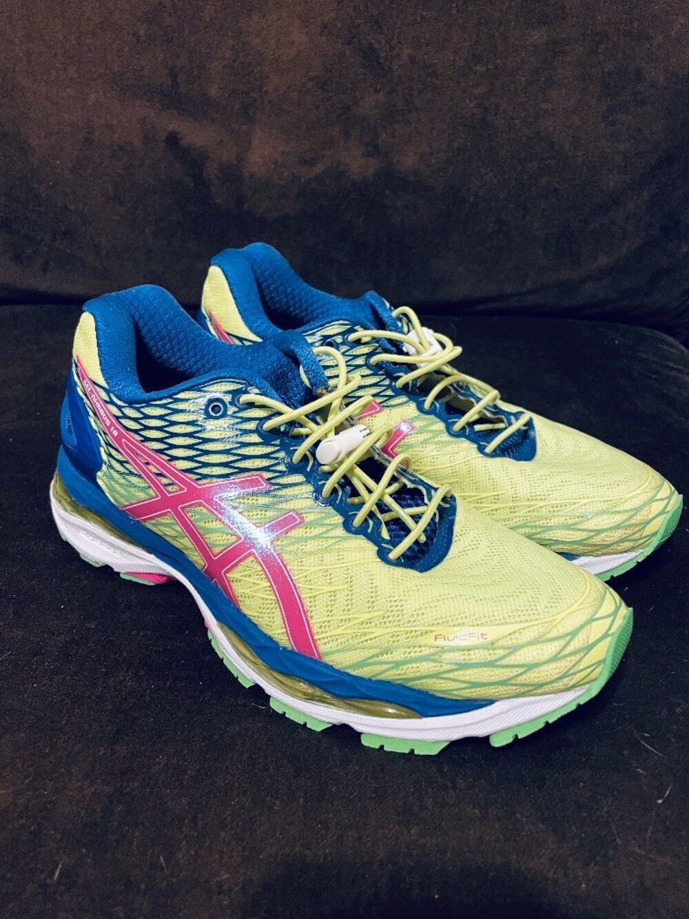 New Asics GEL Nimbus 18 Flash Yellow, Navy Green Pink Womens 9 US 40.5 EUR MEDIU